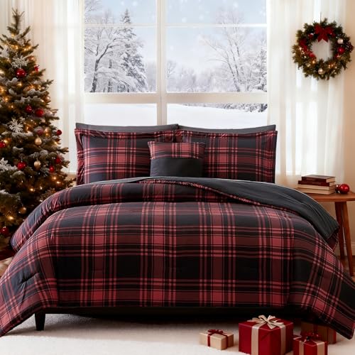 Image of MaiReve Queen Comforter Set, Classic Red Black Plaid Bedding Set 7 Pieces, Farmhouse Lightweight All Season Bed in a Bag with Sheets, Pillowcases & Shams