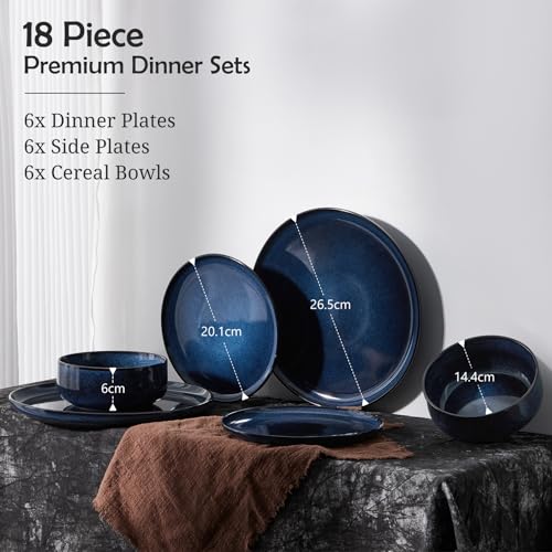 Homikit 18 Piece Dinner Set, Kitchen Stoneware Dinnerware Sets for 6 People, Included 6X Dinner Plates, 6X Side Plates and 6X Bowls, Non-Scratch, Dishwasher & Microwave Safe, Nebulas Blue - Image 3
