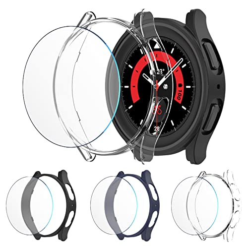 45MM Hülle Schutzfolie Combo für Galaxy Watch 5 Pro, [3+3] Stück Haojavo Wasserdicht Schutzhülle Bumper Schutz Hülle + HD Gehärtete Displayschutz Kombination Zubehör für Samsung Watch5 Pro 45 MM Cover