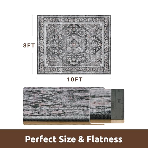 AMOAMI-Area Rug 8X10 Rugs for Living Room-Vintage Soft Black Rugs for Bedroom-Non Slip Carpet-Washable Rug for Dining Room Living Room Bedroom Office Under Table Dark Grey & Black