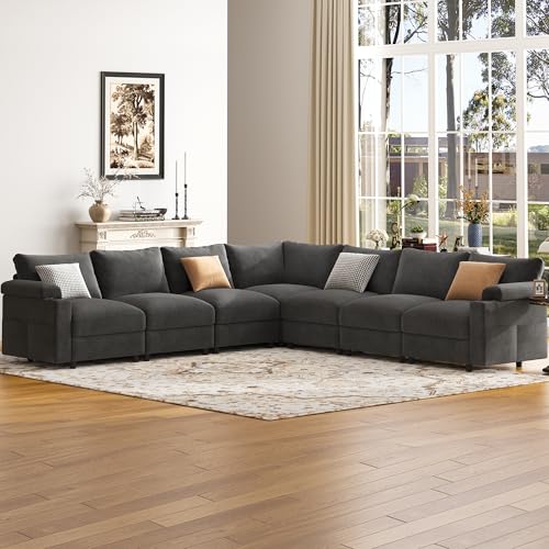 Image of Sectional Couches for Living Room FSC Certified Velvet Modular Couch Oversized Cloud U Shaped Convertible Sleeper Sofa Chaise Detachable Armrest Cushion (Velvet Grey, Corner V Shape 7 Seat)
