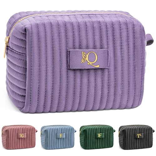 Image of COSHAYSOO Sister Birthday Gifts for Women Best Friend Bestie Friendship Fashion Makeup Bag Make Up Cosmetic Pouch Travel Size Toiletries Skin Care Essentials Organizer Purple Velvet Initial Letter Q
