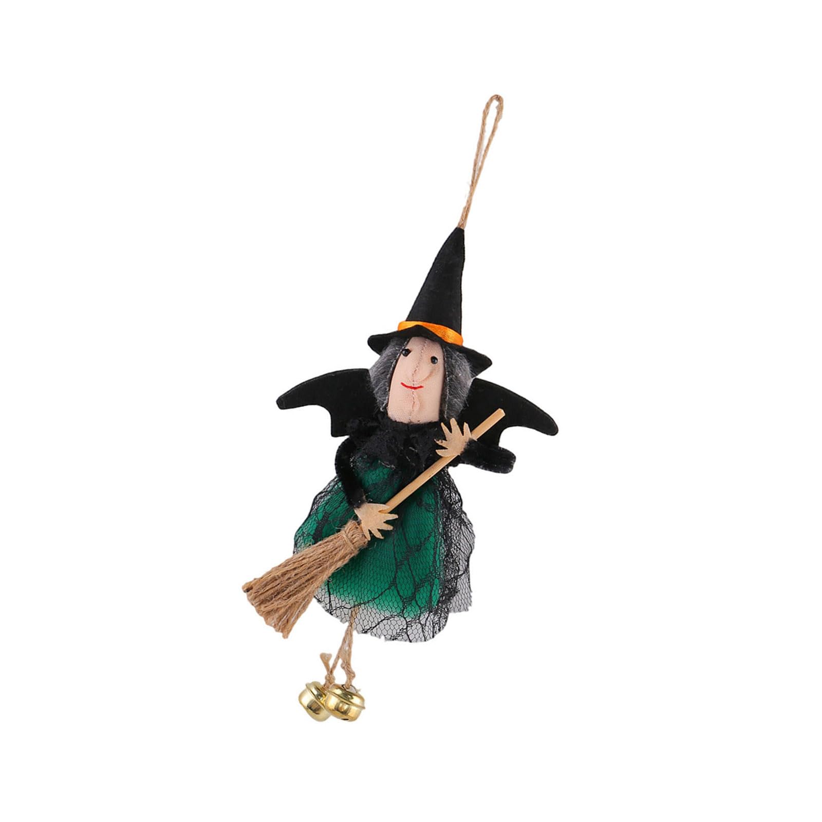 Whoasyst Stuffed Witch Broom Decoration with Attached Metal Bells Hanging Ornament for Magical Themed Parties and Event Halloween Ornamentation