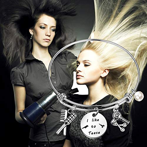 Image of HOLLP Expandable Hairdresser Bracelet Hair Stylist Charm Bracelet with Comb Hair Drier Charm Hairdresser Jewelry I like to Tease Bracelet Gift for Stylists