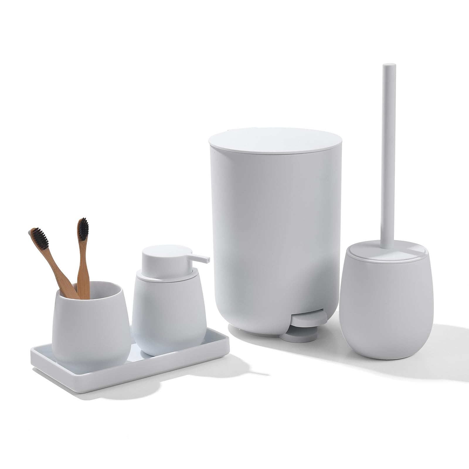 Badset Badezimmer Set Weiß, Modern Badausstattung Sets Organizer, Bad Set Mülleimer Klobürste Seifenspender und Zahnputzbecher Tablett 5 Teiliges (Weiß)