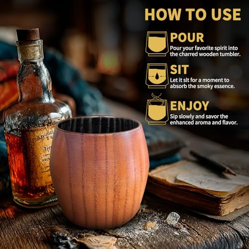 Image of Charred Wooden Bourbon Drinking Glass, Bourbon Gifts for Men - 10 oz Wooden Old Fashioned Glasses Set Whiskey Tumbler | Birthday Whiskey Gifts for Men, Dad or Brother Original Bourbon Tumbler (2 Pack)
