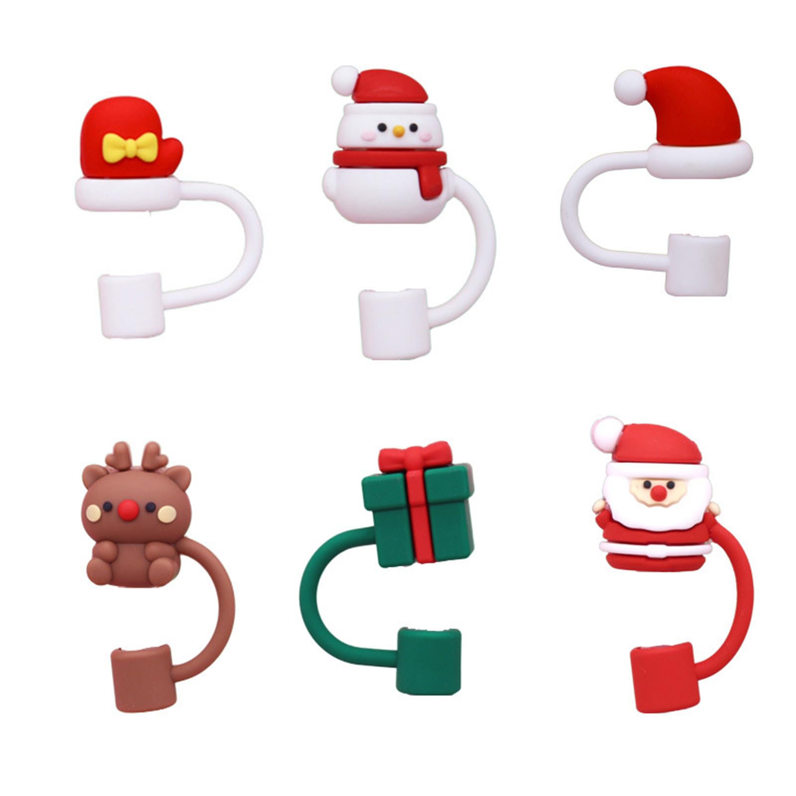 Tsophreniq 6pcs Christmas Silicone Caps for Straws Cartoon Drinking Straw Caps Dustproof Cute Cover Toppers Tips Lid Christmas Covers