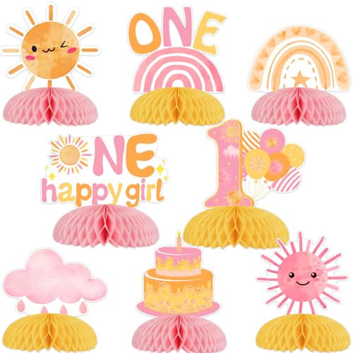 Décoration 1er anniversaire : 8 centres de table One Happy Girl en nid d'abeille rose