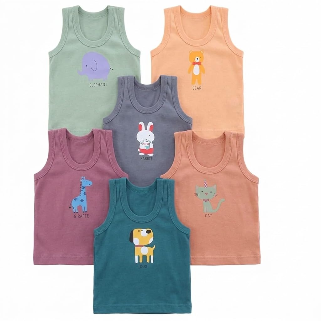 Animal Print Unisex Baby Vest Sleeveless| Kid's Sando Baniyan, Kids Vest | Soft & Breathable Baby Jabla |Toddler Innerwear for Boys & Girls, Cute Animal Print | Multicolor Pack of 6-image-44