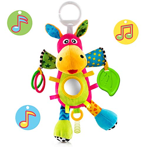 OKIKI Donkey Plush Stuffed Infant Toy, Baby Development Toys with Musical Box, Squeaky Feet, Kids Mirror, BPA Free Teether - Stroller, Crib, Carseat Baby Toys