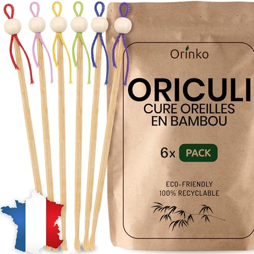 ORINKO - Cure Oreille Japonais en Bambou 6x - Cure Oreille Écologique et Réutilisable pour Remplacement Coton Tige - Zéro Déchet
