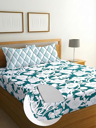 Image of Elastic Fitted Bedsheet with 2 King Size Pillow Covers, Double Bed, All Around Elastic, Floral, 72x78x8 Inches (Green White, Double)