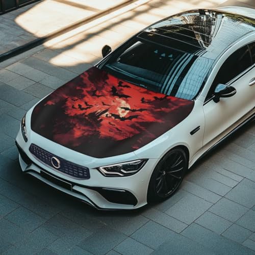 Image of Spooky Castle Halloween Print Car Hood Cover Stretchable Auto Hood Wrap Blankets Waterproof Automotive Halloween Outdoor Decorations for Compact Sedans SUV Trucks Van