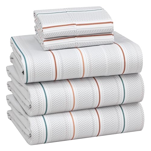 Image of RUVANTI 100% Cotton Percale Sheets Split King Size, Chevron Twill Stripe | Crisp Cooling for Hot Sleepers, Deep Pocket 16 inch, 5 Piece Set