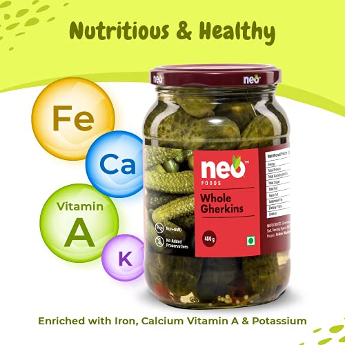 Image of Neo Whole Gherkins 480g I P3 I 100% Plant Based I Low Fat Sweet and Crunchy Pickles, Ready to Eat I Enjoy with Nachos, Make a Healthy Salad at home I (Pack of 3)