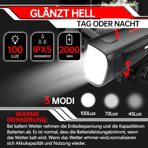 BOLEi Fahrradlicht Set 100 LUX, StVZO Zugelassen, USB, IPX5 Wasserdicht