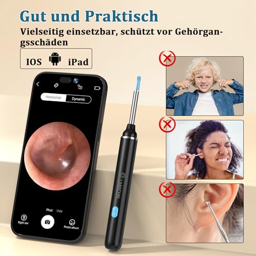 Ohrenschmalz Entferner Otoskop, LMECHN 1080P HD ohrenreiniger, Ohrreiniger mit 6 LEDs, Reinigung für iPhone, Android, iPad, Schwarz