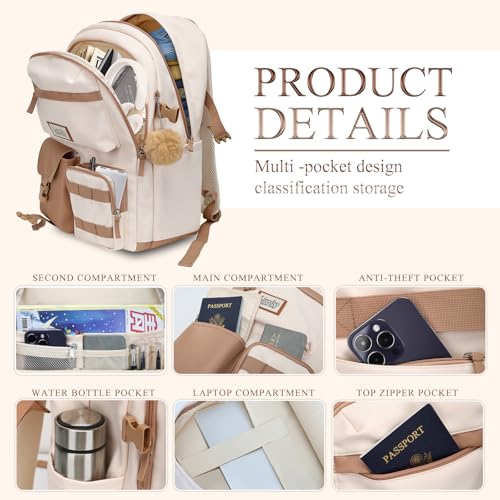 17.3 inch laptop backpack for women, Girls Backpack for School, Cute backpack for girls teens,Bookbag for Middle School College Students,Water Resistant school bag,mochilas escolares para niñas,Beige3
