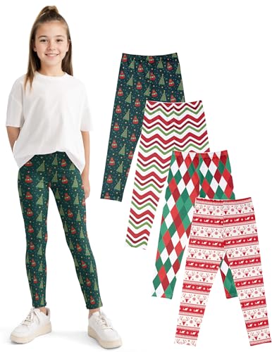 Kiench Girls' Leggings Print Ankle Length High Waist Stretch Pants 4-Pack