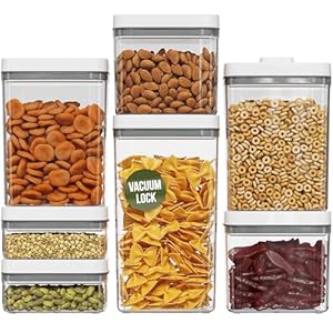 Fontaines 7-Pack Pump-Lock Food Storage Containers – Pump Vacuums Out Air with Locking Lid for Airtight, Leakproof Seal to Keep Food Fresh – Pantry, Dishwasher, Fridge & Freezer-Safe – Rectangular Set
