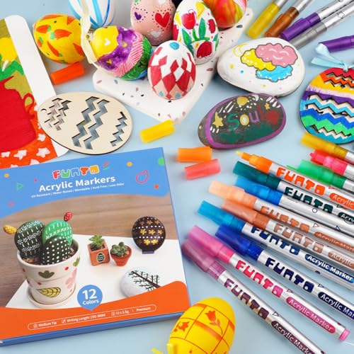 Image of Funto Acrylic Paint Pens for Rock Painting, Fabric, Wood, Canvas, Metal, Ceramic, Glass, 12 Colors Paint Marker Set, Non-Toxic, Quick Drying