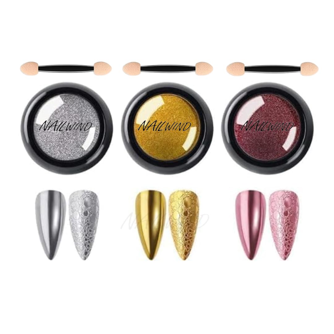 NAILWIND 3 Colors Chrome Nail Powder Set, Glitter Metallic Mirror Effect for Nails Art Design 3D Holographic Silver Rose Gold Pigment Powder-image-13