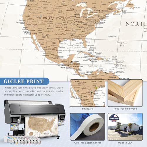 Image of IPIC - Vintage World Map & USA Map Canvas Wall Art Set of 2, Travel Wall Decor with Pins Included, Ready to Hang for Office or Living Room, 36x24 Inch