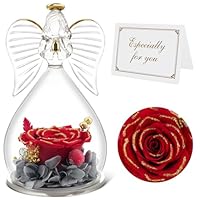 Rosa Conservata In Vetro Con Statuetta Angelo E Collana - Regalo Per Festa Della Mamma, Compleanno Donna, Nonna