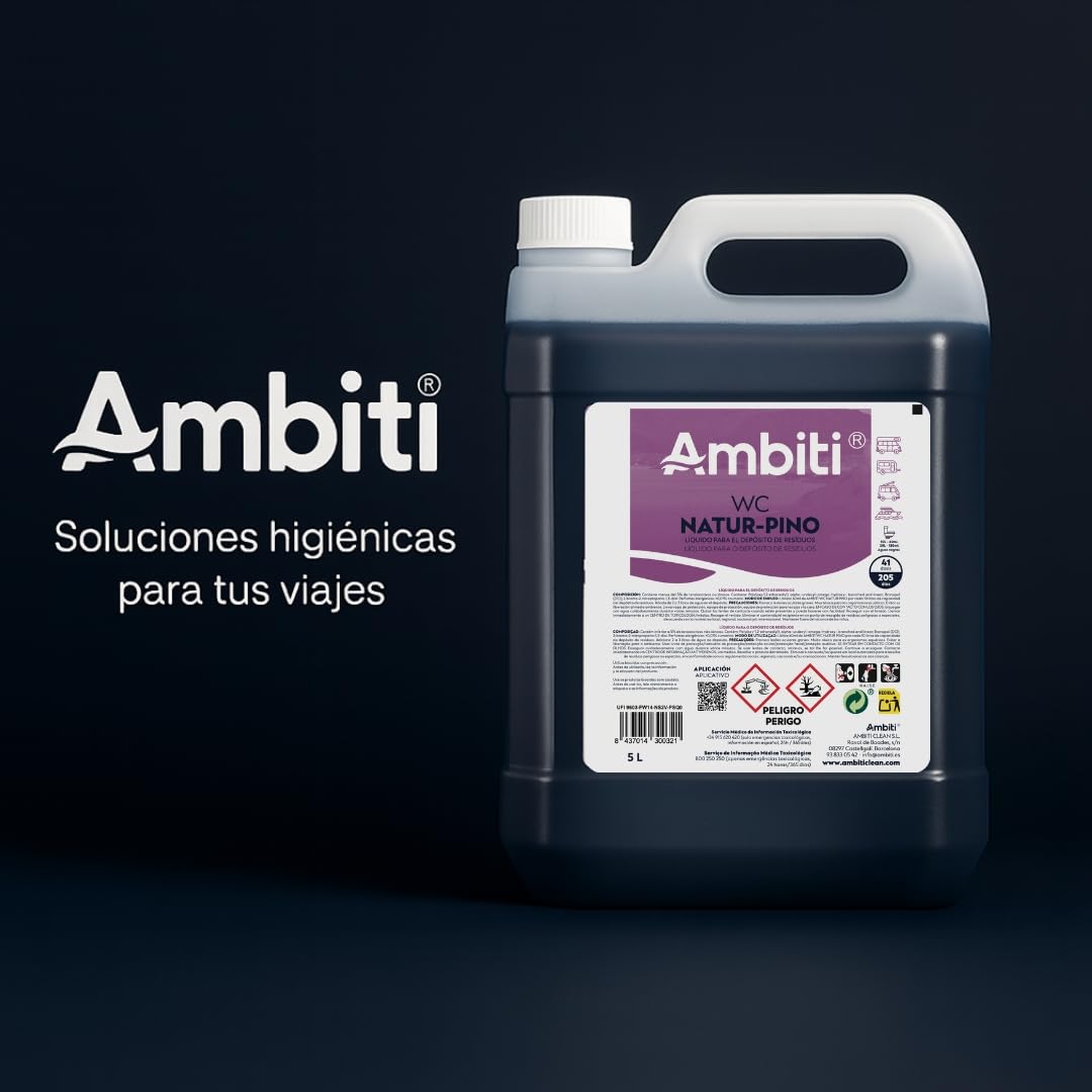 Ambiti | Natur Pino 5L | Aditivo para Depósito de Residuos Aguas Negras | Inodoros Portátiles de Autocaravanas, Caravanas y Barcos | Elimina Olores,residuos y Desinfecta | Fragancia a Pino