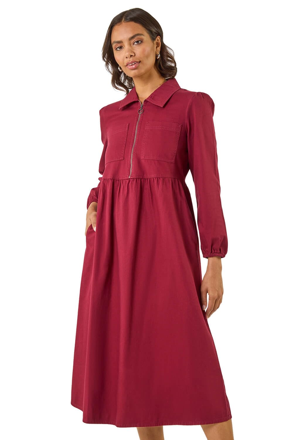 Roman Women's Wine Zip Front Collared Midi Dress
