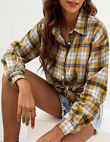 Mingzhu Womens Casual Flannel Plaid Shirts Button Down Long Sleeve Shirts Oversized Buffalo Blouse Tops4