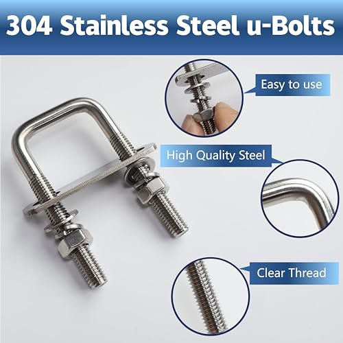 Image of 4 Pcs M10 Square U Bolts 1-1 /2 Inch Wide, 3 /8 inch x 1-1 /2 inchW x 3-3 /8 inchL | 304 Stainless U Bolt Heavy Duty with Nuts,Bolt Plate and Washers,Square U Bolts 1.5 Inch Wide,Metric bolts