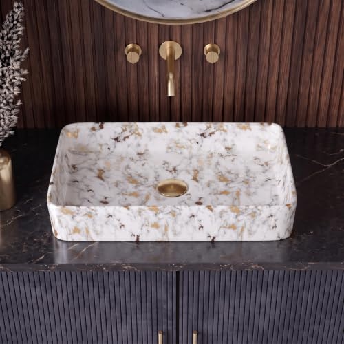 Image of Wash Basin Countertop | Tabletop Ceramic Bathroom Sink | Wash Basin Over Counter (Modern - White Gold 24 x 14 x 5 Inch)