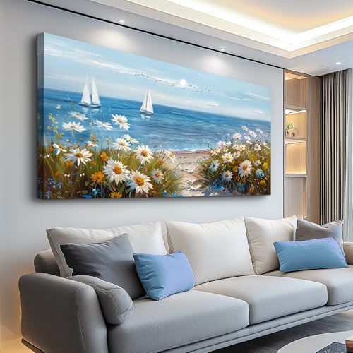 PHAOHUAXM Wall Art For Dining Room Kitchen Blue Ocean Landscape Painting Art Pictures Living Room Decor Vintage Landscape Canvas Print Suitable For Bedroom Office Farmhouse Wall Decoration 24x48 In