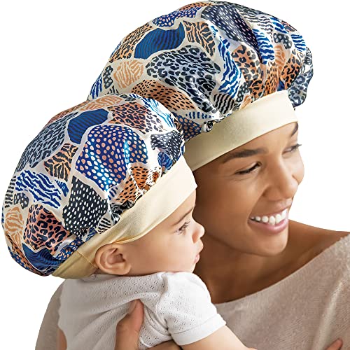 Image of Red by Kiss 2-in-1 Mommy & Me Satin Bonnet Sleep Cap for Adult and Babies, Soft, Stretchy, and Safe, Protects Fragile Hair from Frizz & Breakage, Friction Bald Spots (Animal Prints, 6-18M)