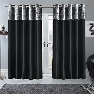 Sienna PAIR of Crushed Velvet Silver Band Curtains Fully Lined Eyelet Ring Top Faux Silk Window Treatment Panels - Black Charcoal, Width 66" x Drop 72"