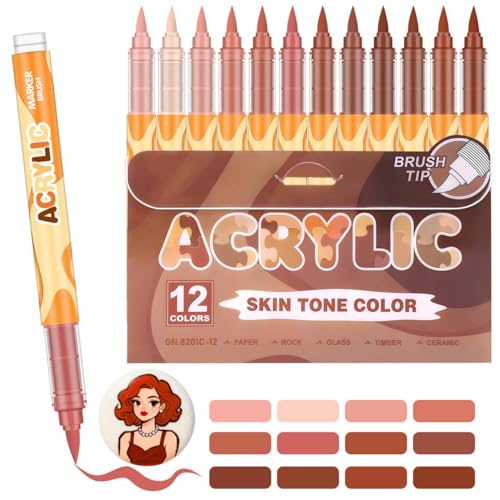 Laconile 12 Rotuladores Acrílicos Brush Marker – Set de 12 Rotuladores Acrílicos Skin Tone Color Series, pincel para pintar sobre libros para colorear para adultos, madera y otras superficies