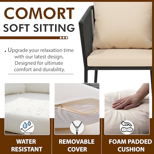 Image of OUTLIVING Braid & Rope 2 Seater Garden Patio Seating Chair and Table Set Outdoor Balcony Garden Coffee Table Set Furniture with 1 Table and 2 Chairs Set with Cushion (Grey)