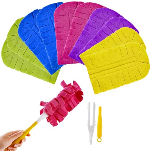 10 Pcs Duster Refill, 360° Reusable Fleece Duster Refills for Swiffer with 1 Handle for Cleaning Ceiling Fan Window Hardwoods Kitchen Floor, Wet and Dry Dual Use (Mixture Colors)