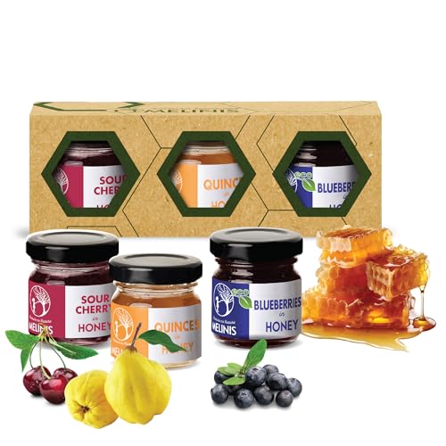 Bio-Honigaufstrich Tasting Set 3x40g – Mit Heidelbeeren, Bereczki-Quitten und Sauerkirschen – Premium-Fruchtaufstriche mit Akazienhonig für Frühstück, Desserts, Smoothies & Snacks – von Melinis