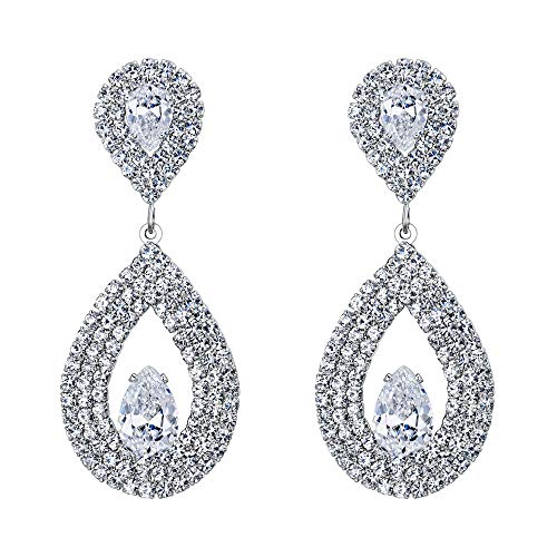 Flyonce Women's Cubic Zirconia Crystal Wedding Hollow Out Teardrop Pierced Dangle Earrings Clear Silver-Tone