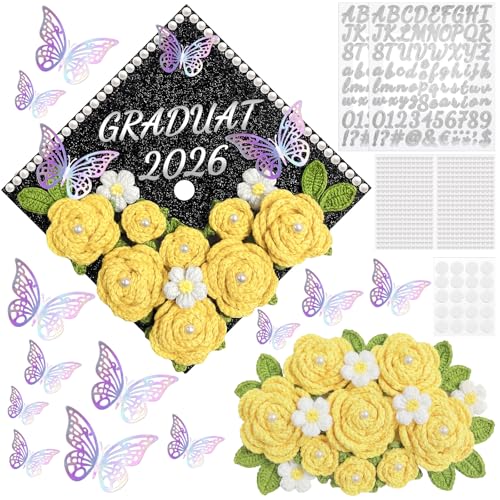 Roses au crochet jaune pour chapeau de diplôme et déco de fête