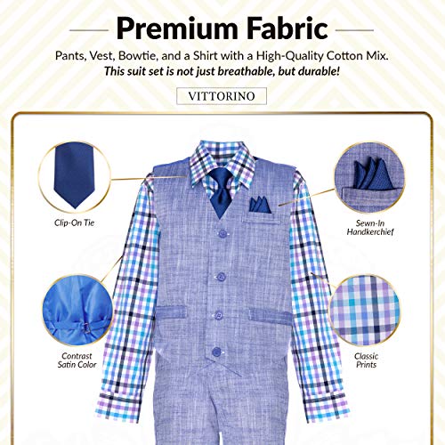 Vittorino Boy's Linen Look 4 Piece Suit Set With Vest Pants Shirt And Tie, Purple/Colorful Plaid, 5 #TOP3