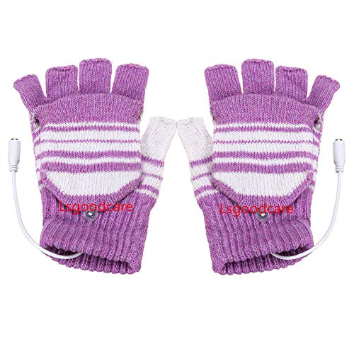 Lsgoodcare Purple USB 2.0 Stripe Pattern Fingerless Heating Knitting Wool Hands Warm Gloves Gloves for Women Men Girls Boys - Thumbnail 5