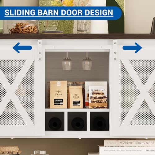 Image of Farmhouse Coffee Bar Cabinet with Storage, Sliding Barn Door Sideboard Buffet, Wine Bottle & Glass Storage Cabinet for Kitchen, Dining Room & Living Room,White