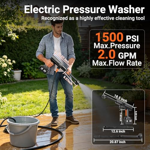 Image of Cordless Pressure Washer, 1500 PSI Max Power Washer with 2x4.0Ah 21V Large Capacity Batteries & Brushless Motor, Portable Power Cleaner Kit with Storage Case & 6-in-1 Nozzle for Car /Fence /Patio /Home