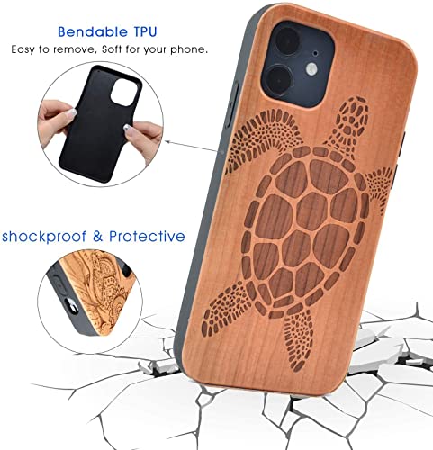 Cyd Wooden Case For Iphone 11, Natural Real Wood Engraved Sea Turtle Shockproof Drop Proof Slim Bumper Tpu Protective Cover #TOP2