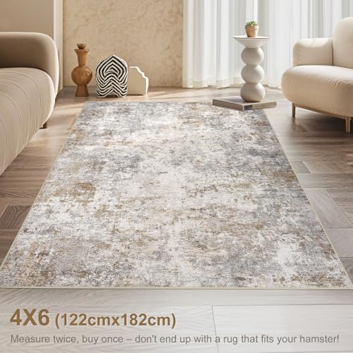 4x6 Area Rug Living Room Rugs - Washable Neutral Modern Abstract Soft Thin Rug Indoor Floor No Slip Rug Carpet for Bedroom Under Dining Table Home Office Decor - Brown Grey