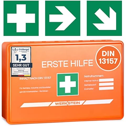 Erste Hilfe Kasten DIN 13157:2021 Small - Inkl. praktischer Wandhalterung, 3x Aufkleber, Gesichtsmasken & Feuchttücher - Verbandskasten DIN 13157 für Betriebe, Einrichtungen & Zuhause Cover