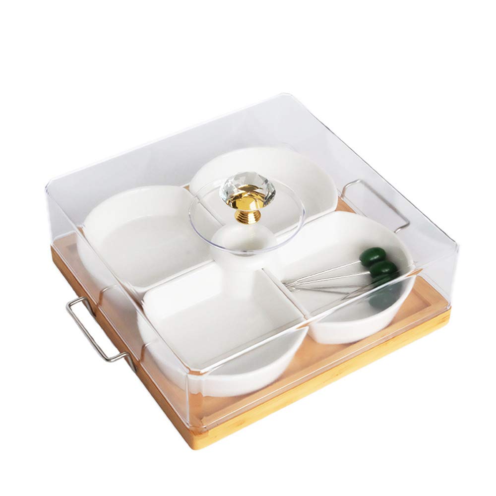 Ceramic Snack Serving Tray, Fan-Shaped Candy and Nut Container Platter, 9-Inch Tray with Lids and 4 White Small Dish, for Cheese Crackers Appetizers Fruit
